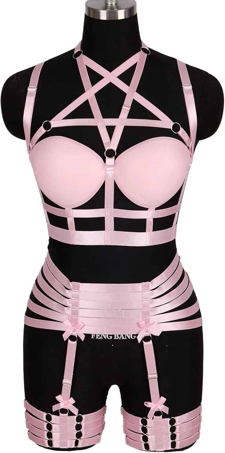 Womens Strappy Full Cage Body Harness Lingerie Garter Belt Set Elastic Hollow Tops Bralette Punk Gothic Festival Rave Wear