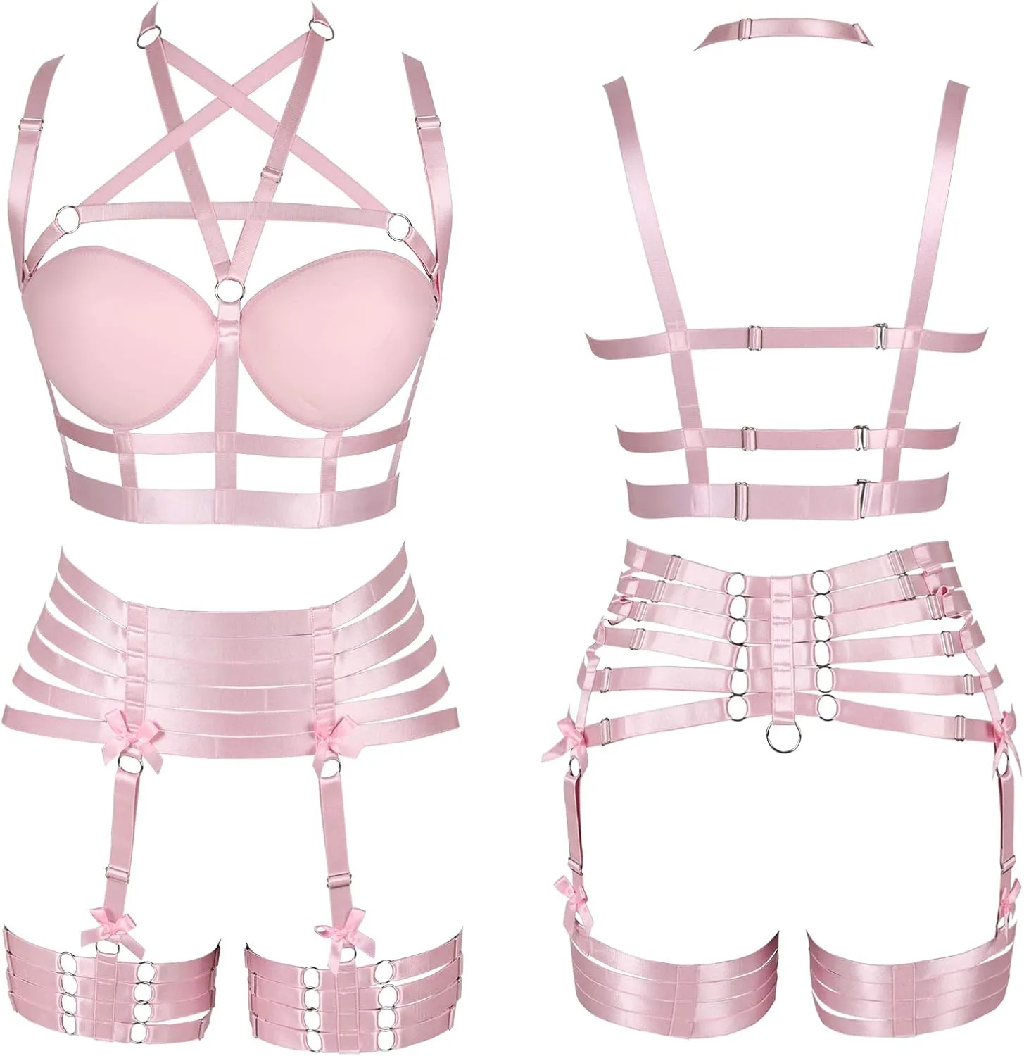 Womens Strappy Full Cage Body Harness Lingerie Garter Belt Set Elastic Hollow Tops Bralette Punk Gothic Festival Rave Wear