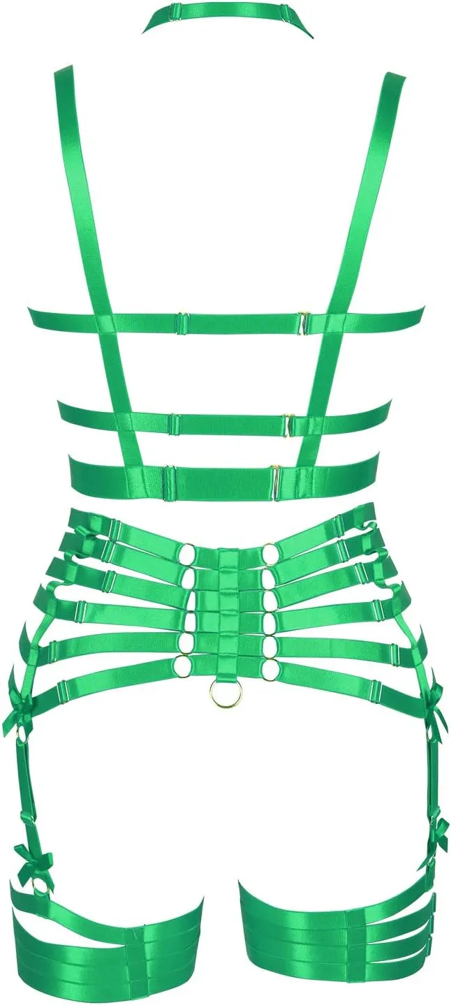 Womens Strappy Full Cage Body Harness Lingerie Garter Belt Set Elastic Hollow Tops Bralette Punk Gothic Festival Rave Wear