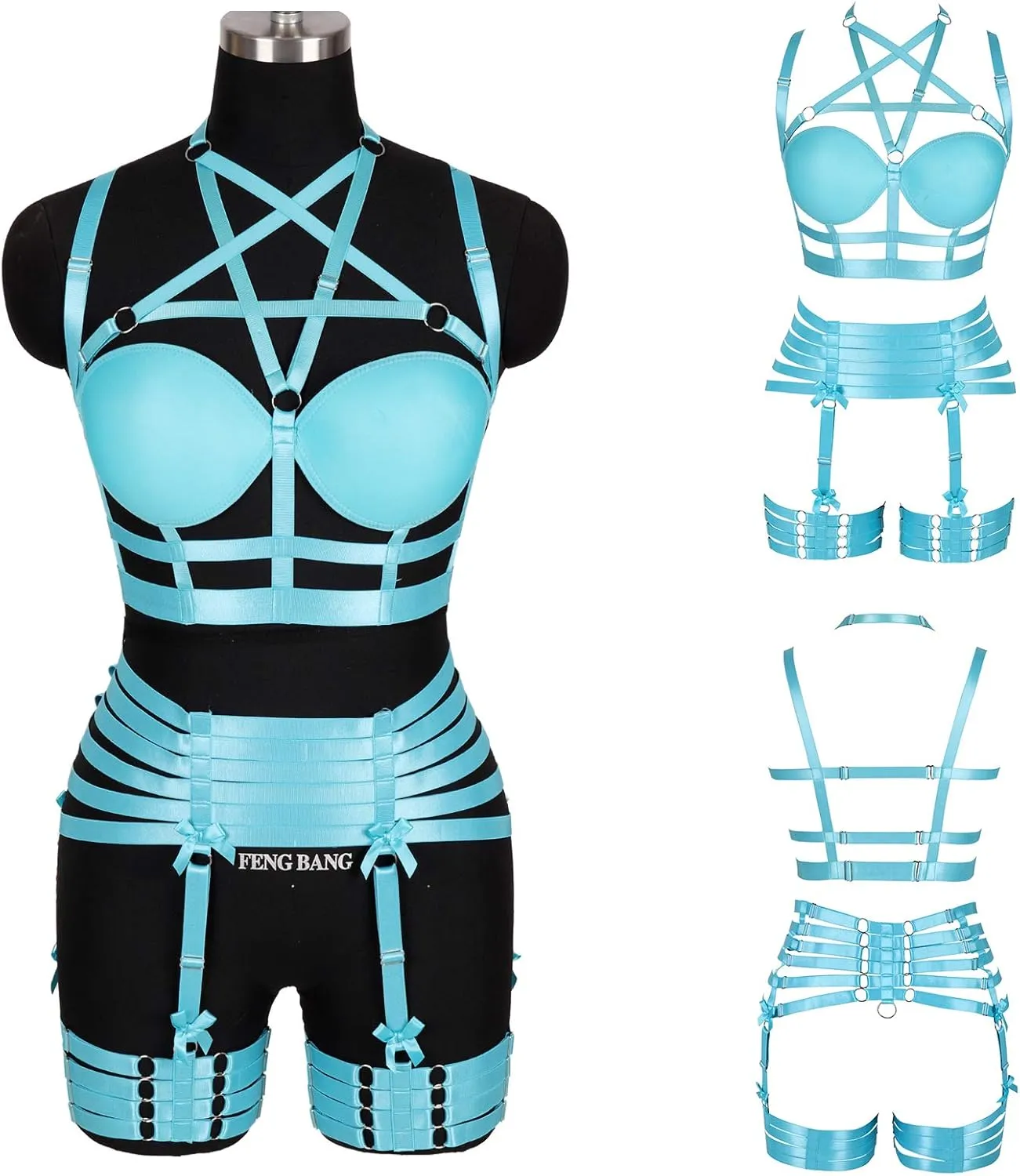Womens Strappy Full Cage Body Harness Lingerie Garter Belt Set Elastic Hollow Tops Bralette Punk Gothic Festival Rave Wear
