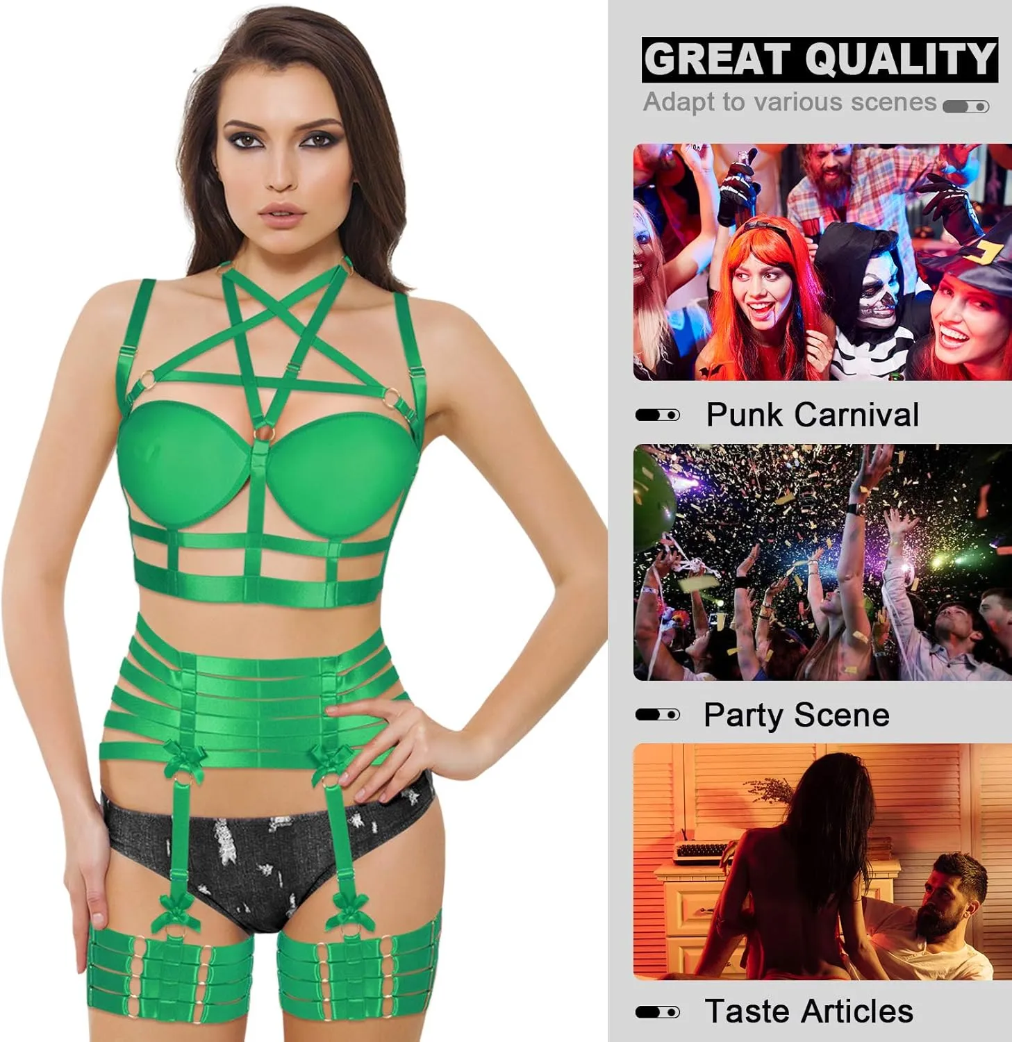 Womens Strappy Full Cage Body Harness Lingerie Garter Belt Set Elastic Hollow Tops Bralette Punk Gothic Festival Rave Wear