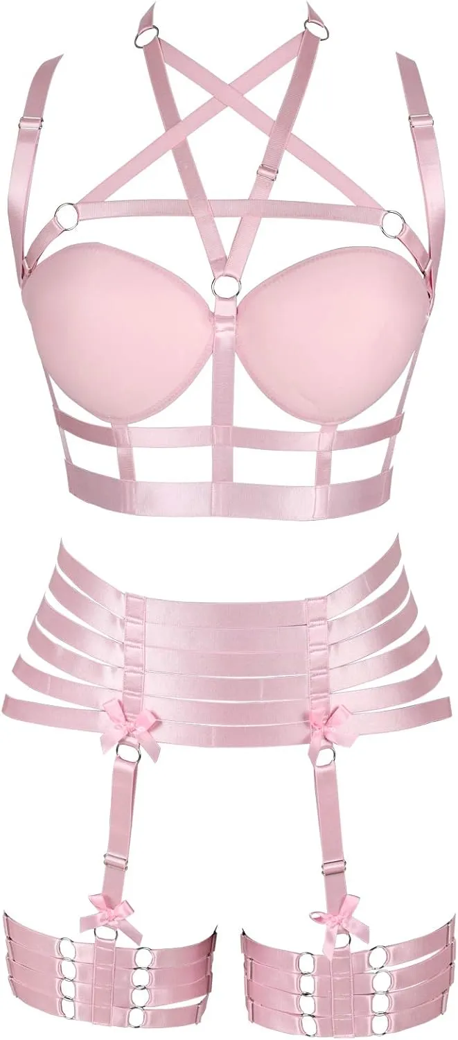 Womens Strappy Full Cage Body Harness Lingerie Garter Belt Set Elastic Hollow Tops Bralette Punk Gothic Festival Rave Wear