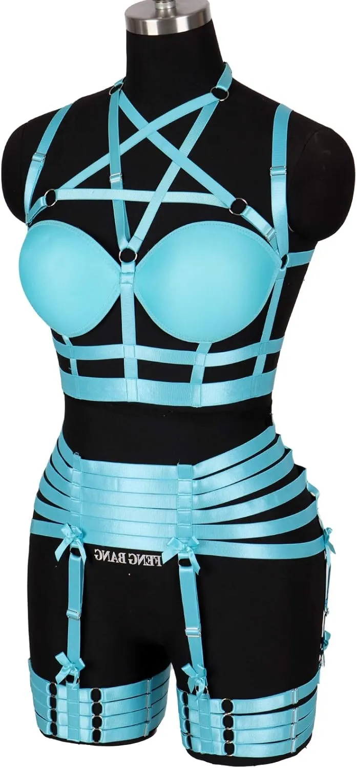 Womens Strappy Full Cage Body Harness Lingerie Garter Belt Set Elastic Hollow Tops Bralette Punk Gothic Festival Rave Wear