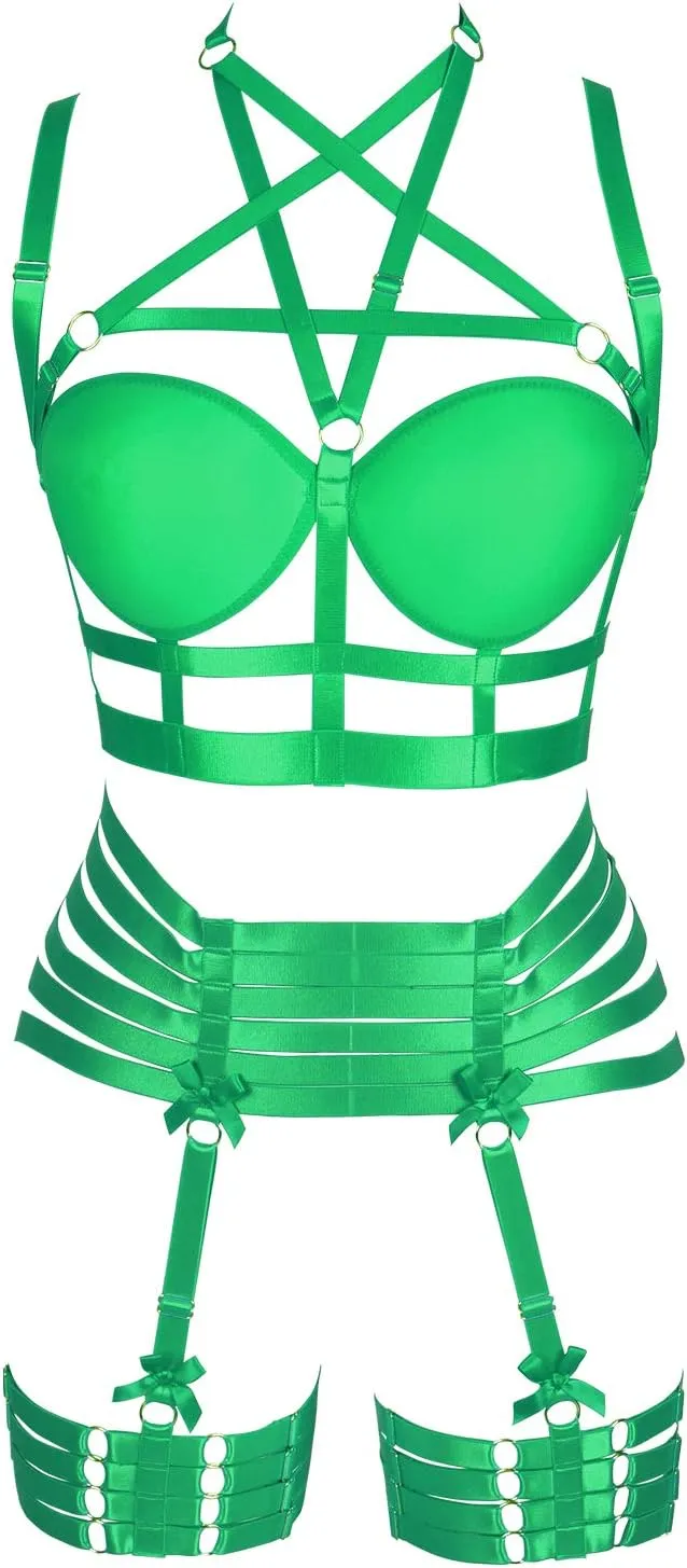 Womens Strappy Full Cage Body Harness Lingerie Garter Belt Set Elastic Hollow Tops Bralette Punk Gothic Festival Rave Wear