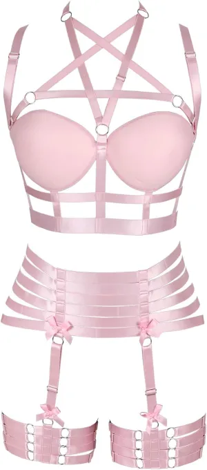 Womens Strappy Full Cage Body Harness Lingerie Garter Belt Set Elastic Hollow Tops Bralette Punk Gothic Festival Rave Wear