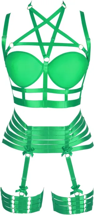 Womens Strappy Full Cage Body Harness Lingerie Garter Belt Set Elastic Hollow Tops Bralette Punk Gothic Festival Rave Wear