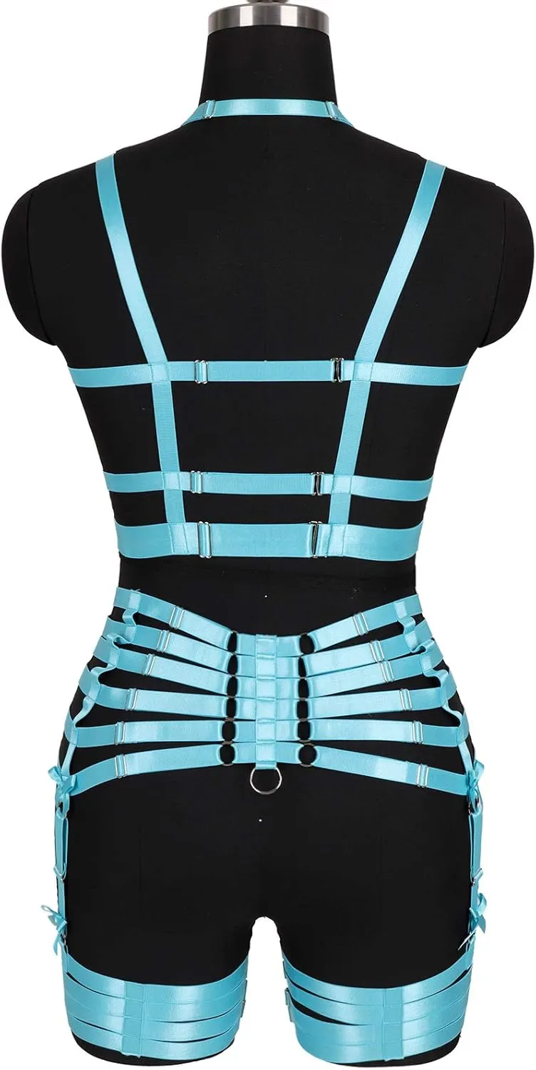Womens Strappy Full Cage Body Harness Lingerie Garter Belt Set Elastic Hollow Tops Bralette Punk Gothic Festival Rave Wear