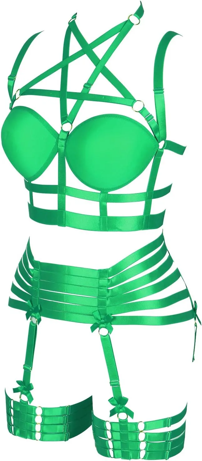 Womens Strappy Full Cage Body Harness Lingerie Garter Belt Set Elastic Hollow Tops Bralette Punk Gothic Festival Rave Wear