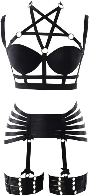 Womens Strappy Full Cage Body Harness Lingerie Garter Belt Set Elastic Hollow Tops Bralette Punk Gothic Festival Rave Wear