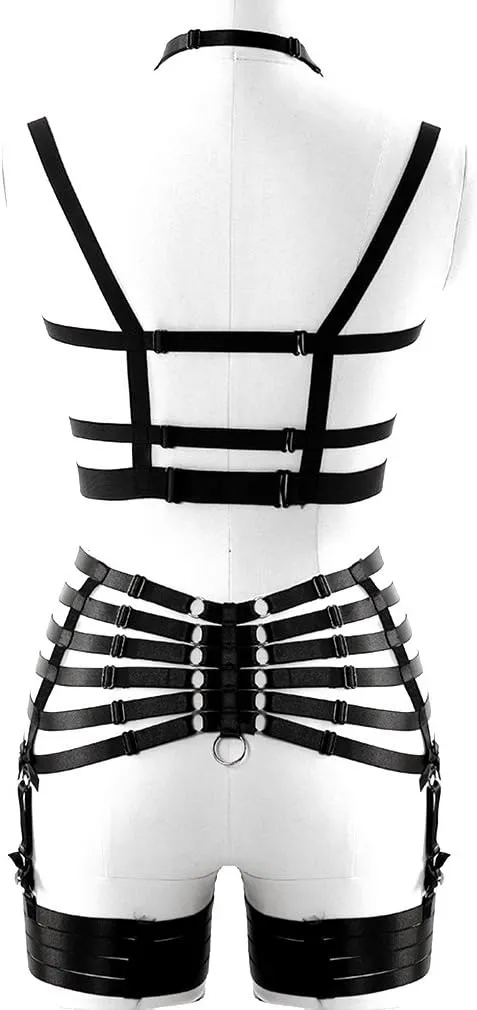 Womens Strappy Full Cage Body Harness Lingerie Garter Belt Set Elastic Hollow Tops Bralette Punk Gothic Festival Rave Wear