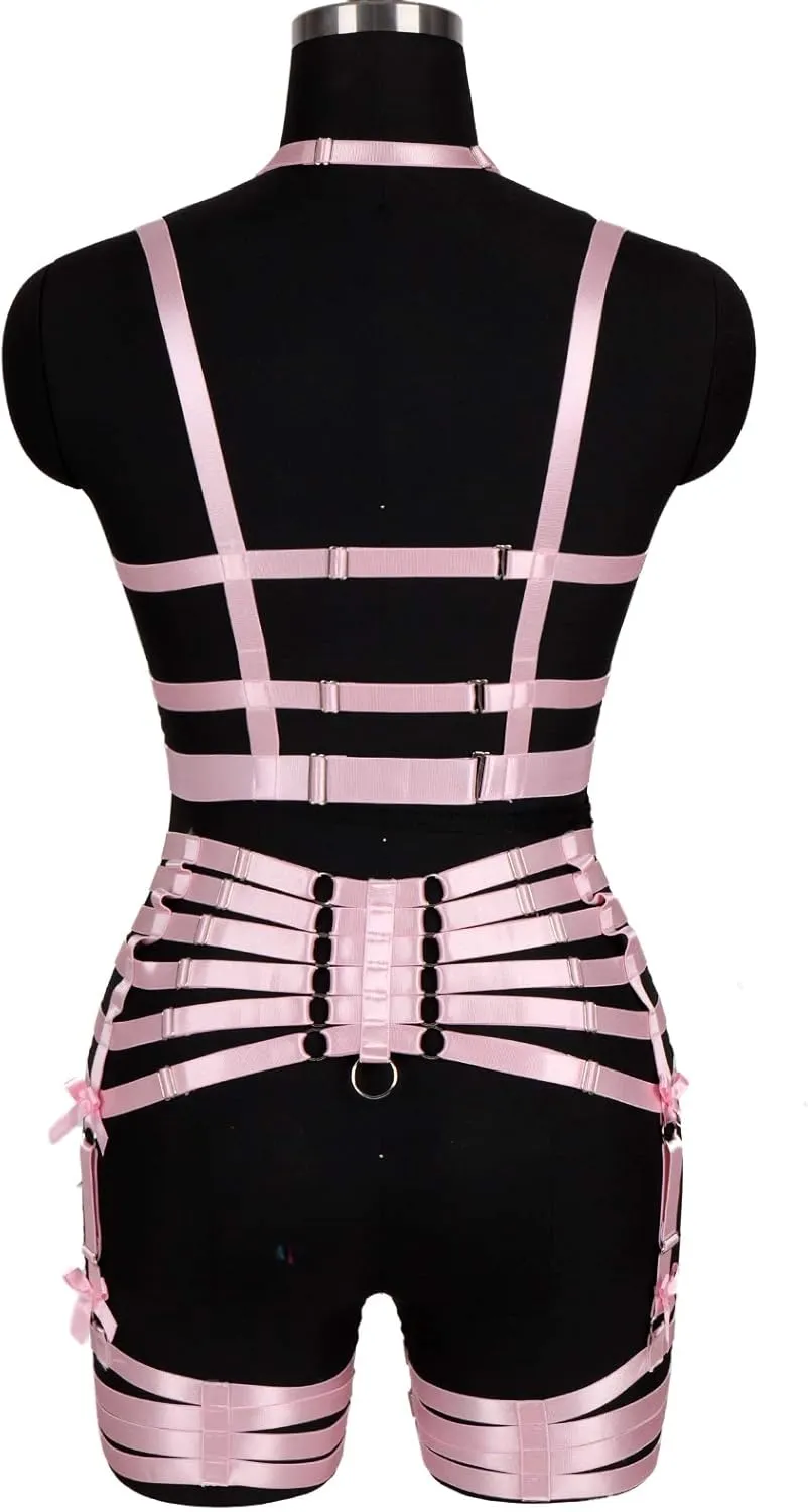 Womens Strappy Full Cage Body Harness Lingerie Garter Belt Set Elastic Hollow Tops Bralette Punk Gothic Festival Rave Wear