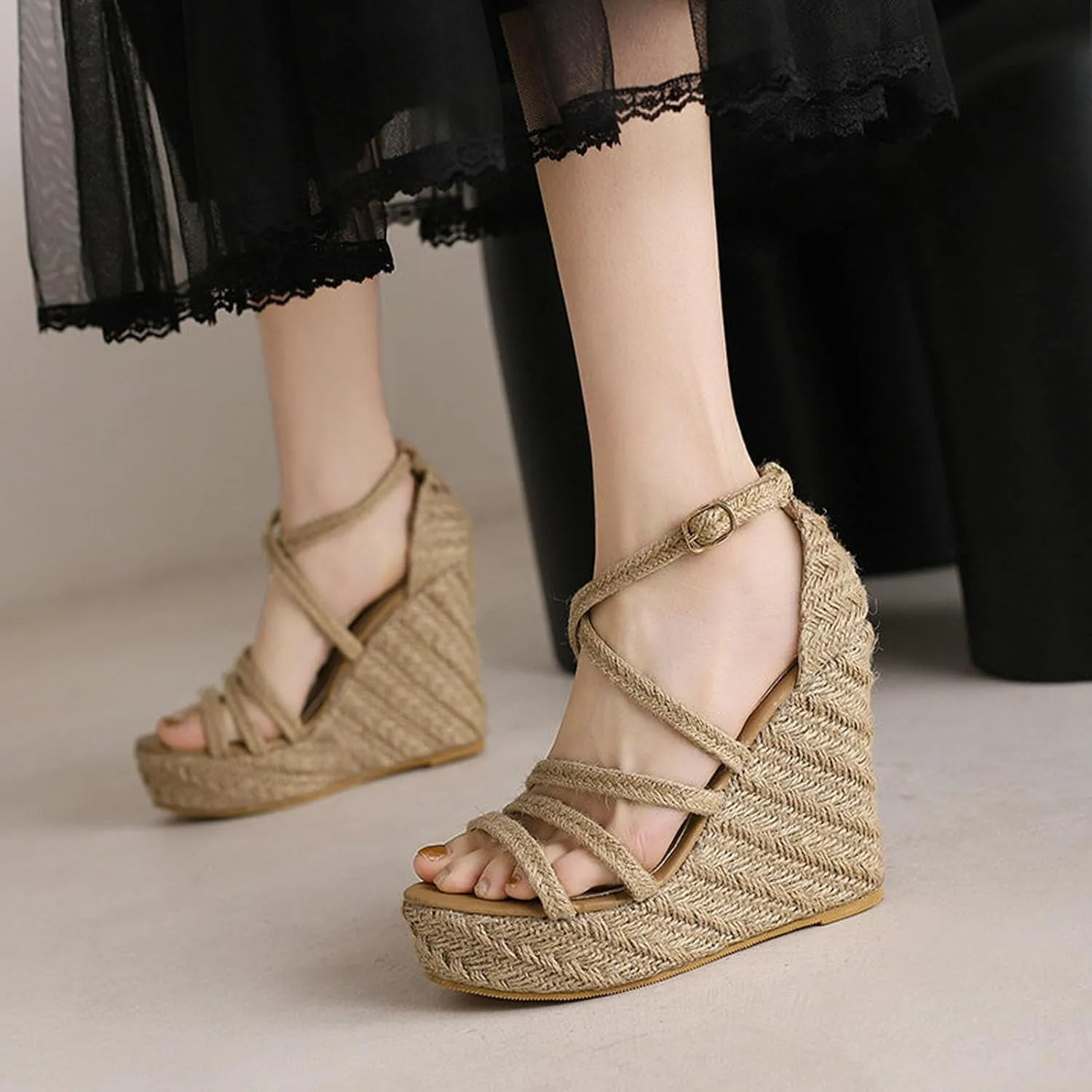 Women's Straw Crochet Platform High Sandals, Wedge Open Toe Ankle Strap Heels Pumps Strappy Adjustable Braided Breathable Dress Shoes 12 CM