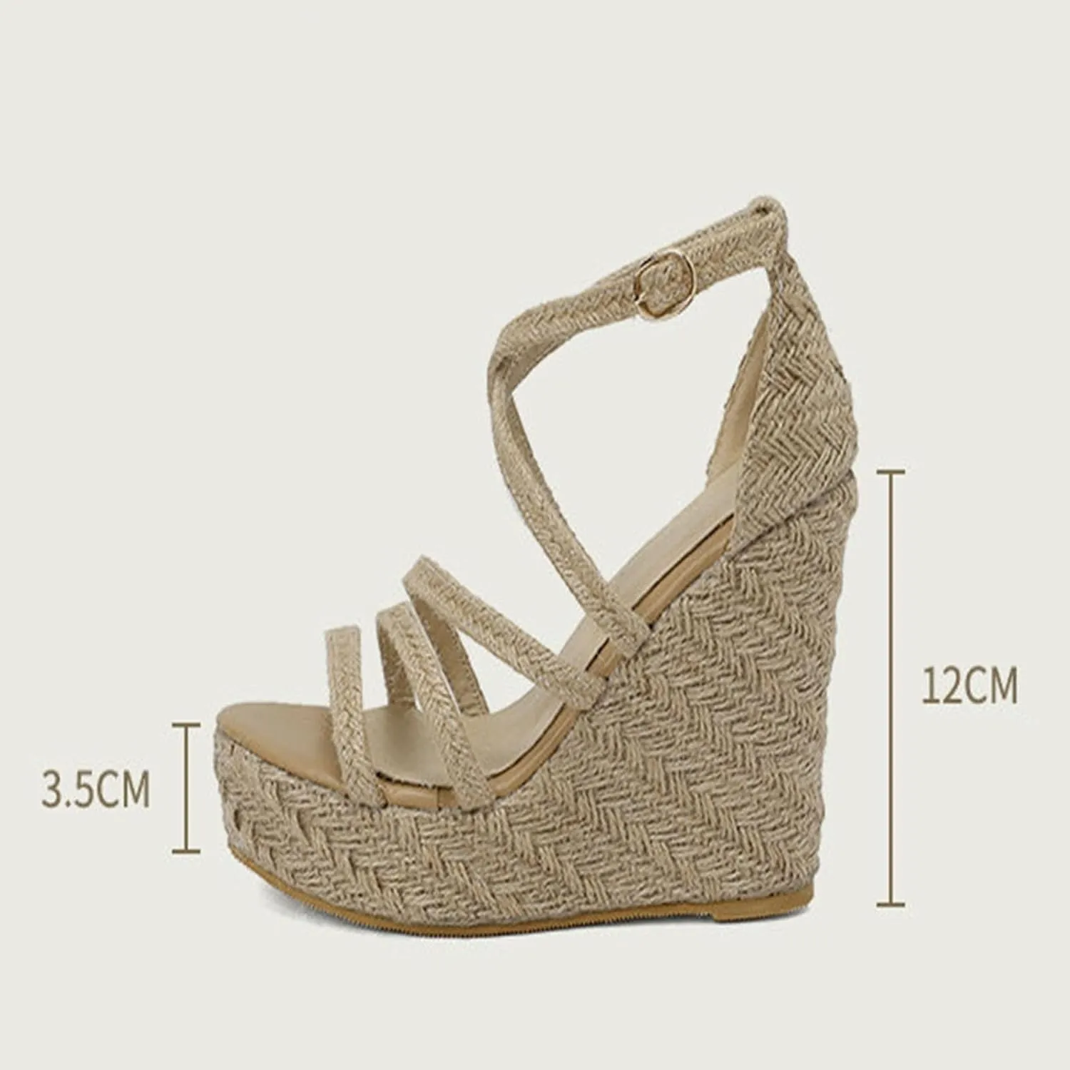 Women's Straw Crochet Platform High Sandals, Wedge Open Toe Ankle Strap Heels Pumps Strappy Adjustable Braided Breathable Dress Shoes 12 CM