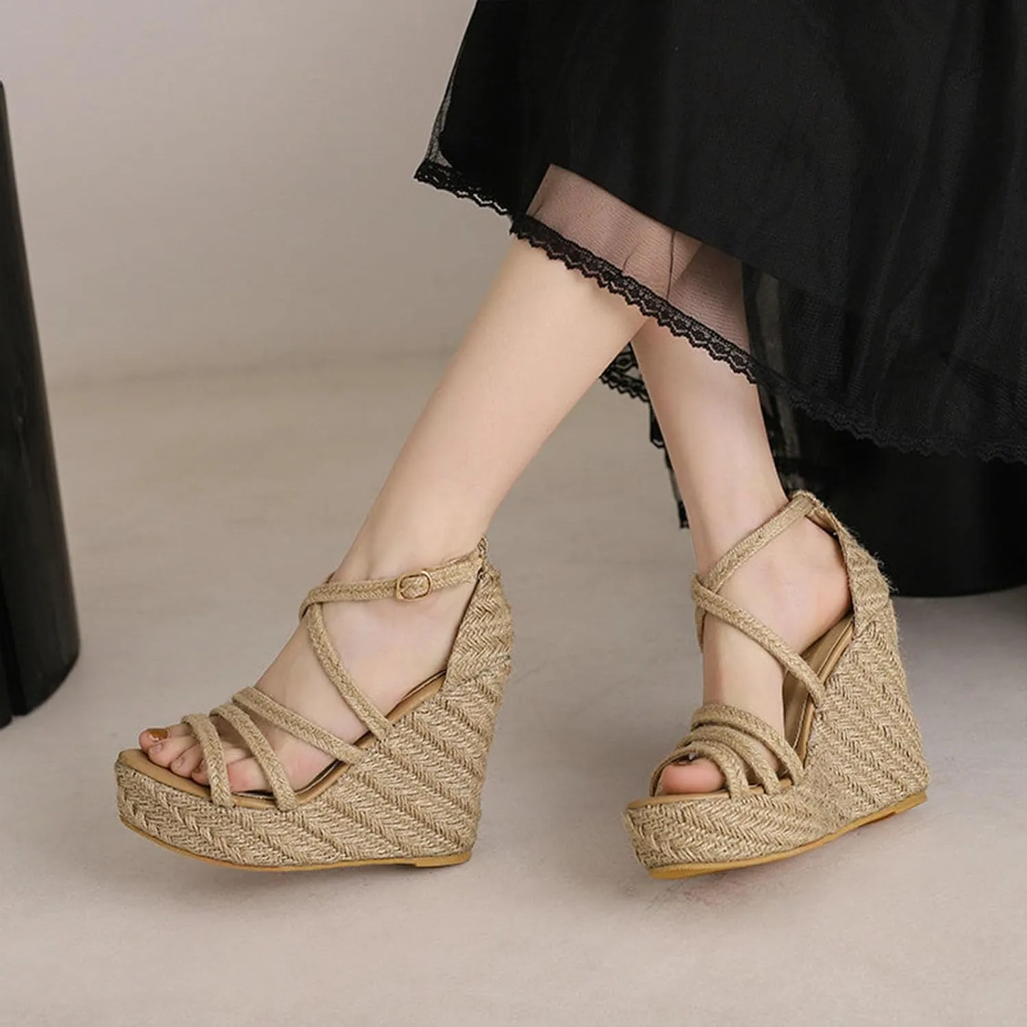 Women's Straw Crochet Platform High Sandals, Wedge Open Toe Ankle Strap Heels Pumps Strappy Adjustable Braided Breathable Dress Shoes 12 CM