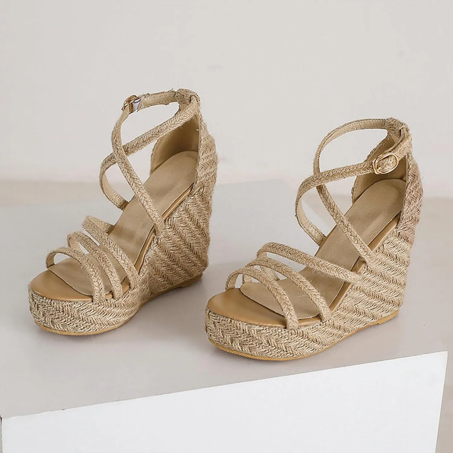 Women's Straw Crochet Platform High Sandals, Wedge Open Toe Ankle Strap Heels Pumps Strappy Adjustable Braided Breathable Dress Shoes 12 CM
