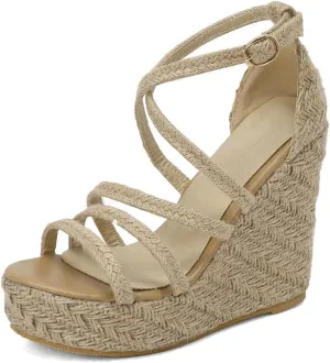 Women's Straw Crochet Platform High Sandals, Wedge Open Toe Ankle Strap Heels Pumps Strappy Adjustable Braided Breathable Dress Shoes 12 CM