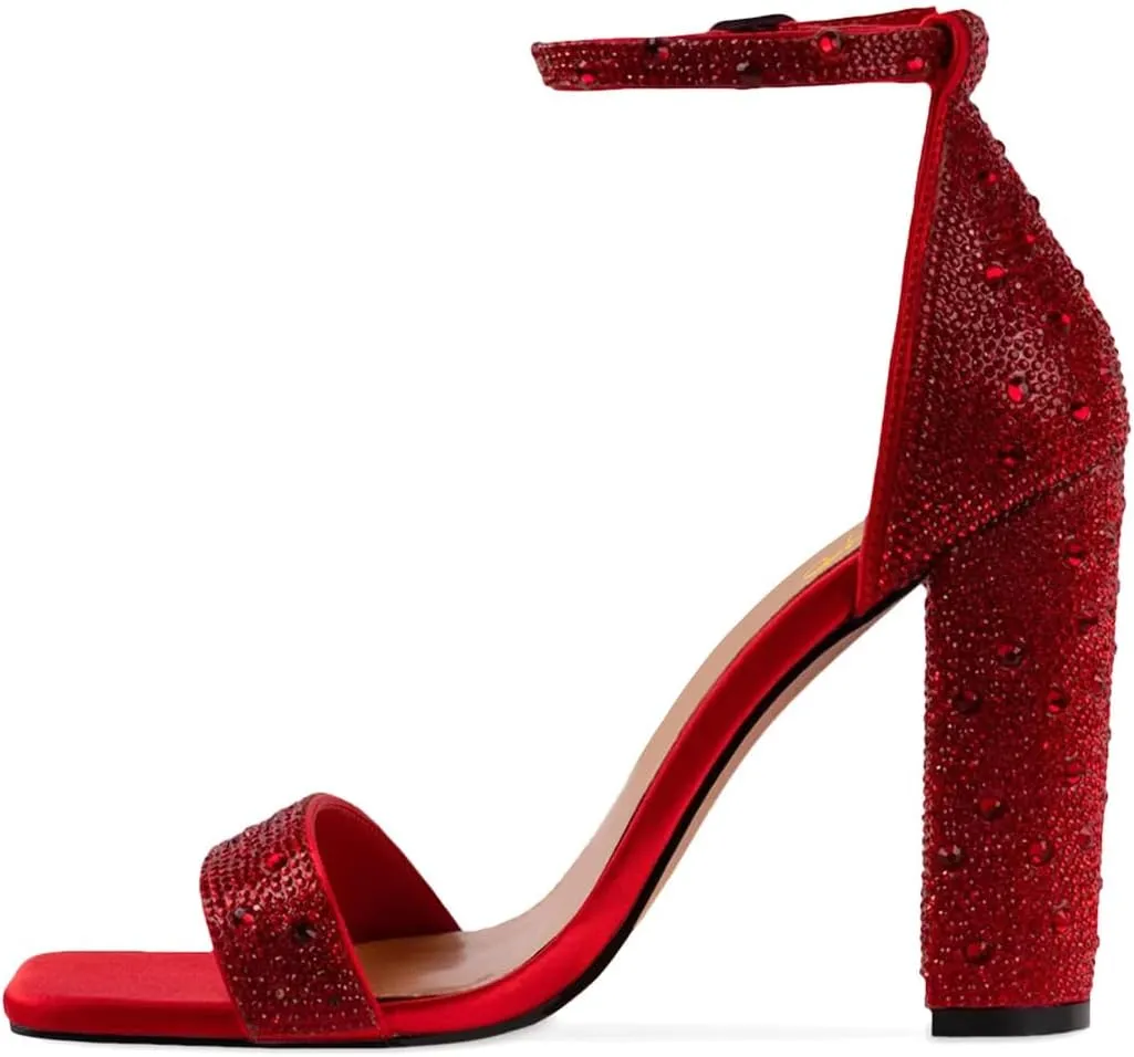 XYD Women Square Open Toe Studded Rhinestone High Block Heel Bejeweled Sandal Pumps Ankle Strap Buckled Sparkling Wedding Bridal Dress Evening Shoes