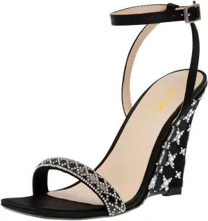 XYD Women Wedges High Heel Crystal Studs Sparkle Sandals Square Open Toe Ankle Strappy Pumps Shoes for Party Evening