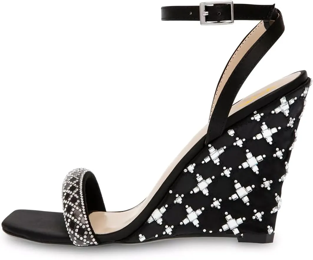 XYD Women Wedges High Heel Crystal Studs Sparkle Sandals Square Open Toe Ankle Strappy Pumps Shoes for Party Evening