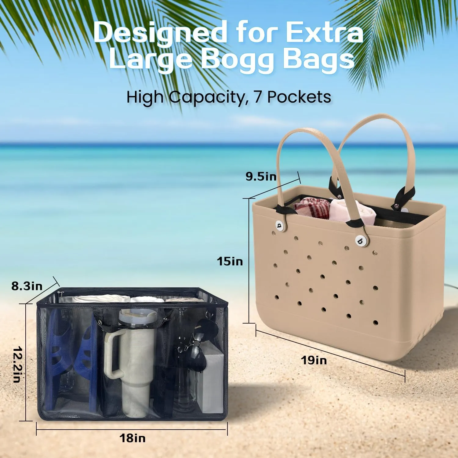 XYFuuee Beach Bag Organizer Inserts for X Large Bogg Bag Accessories, Original XL Lightweight Mesh Insert Divider Pouch, Organizing Rubber Tote Bags, Save Storage Space (Black)