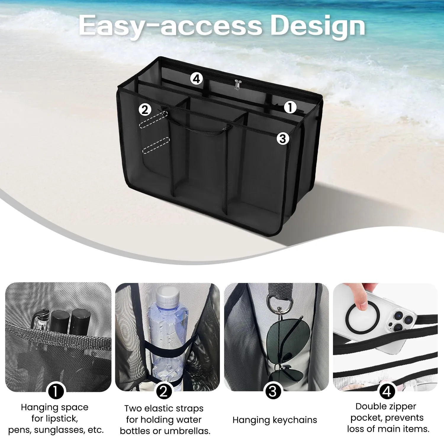 XYFuuee Beach Bag Organizer Inserts for X Large Bogg Bag Accessories, Original XL Lightweight Mesh Insert Divider Pouch, Organizing Rubber Tote Bags, Save Storage Space (Black)