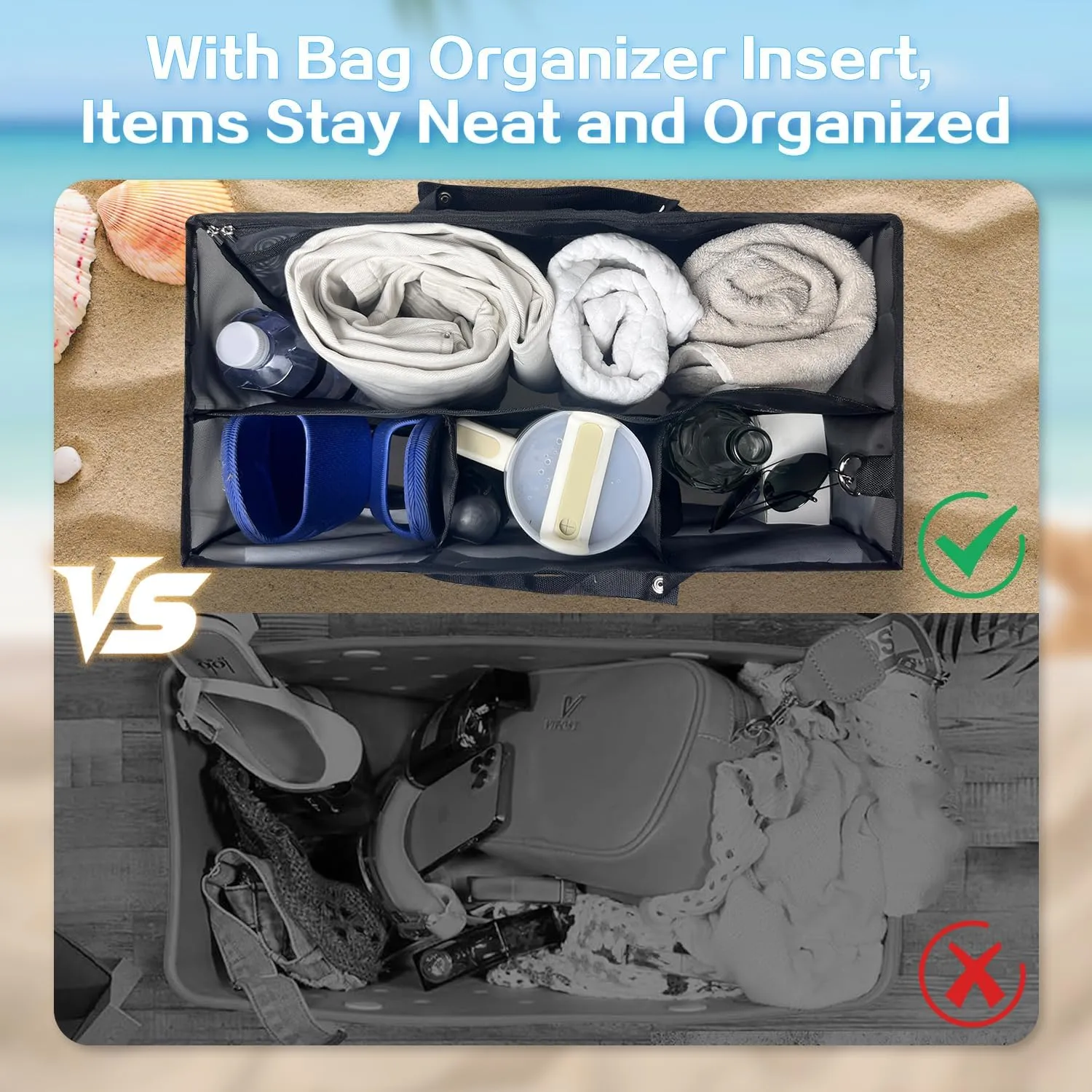 XYFuuee Beach Bag Organizer Inserts for X Large Bogg Bag Accessories, Original XL Lightweight Mesh Insert Divider Pouch, Organizing Rubber Tote Bags, Save Storage Space (Black)