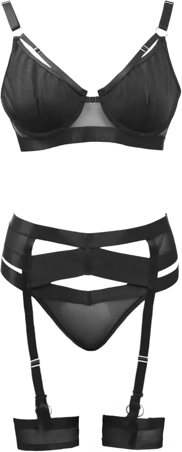 YUNAR Sexy Underwired Garter Lingerie Strappy garterbelt for thigh highs 4 piece Set Suspender Belt Outfit