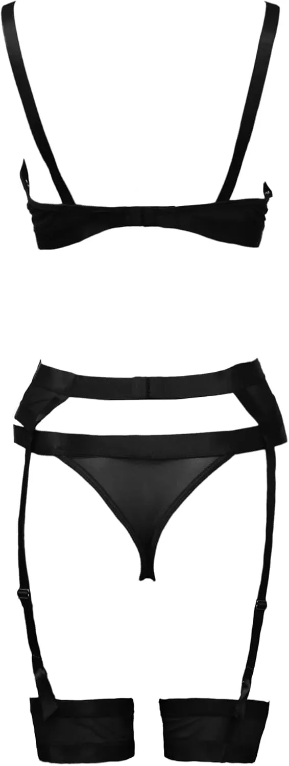 YUNAR Sexy Underwired Garter Lingerie Strappy garterbelt for thigh highs 4 piece Set Suspender Belt Outfit