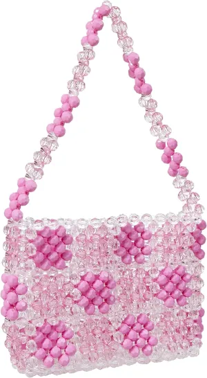 YUSHINY Women Pink Acrylic Beaded Diamond Shoulderbag Evening Message Bag for Evening Party