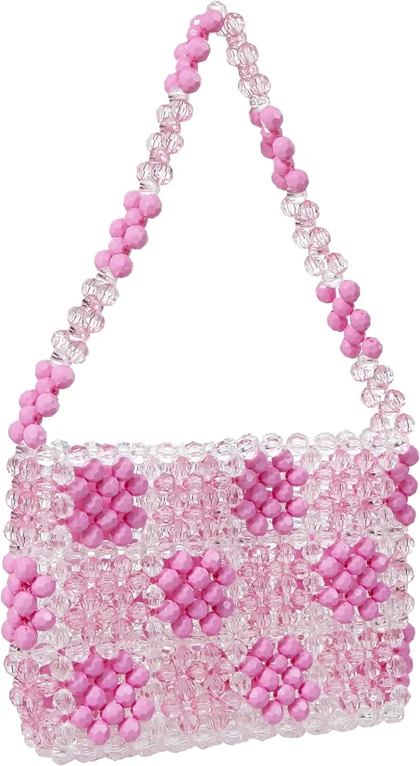 YUSHINY Women Pink Acrylic Beaded Diamond Shoulderbag Evening Message Bag for Evening Party