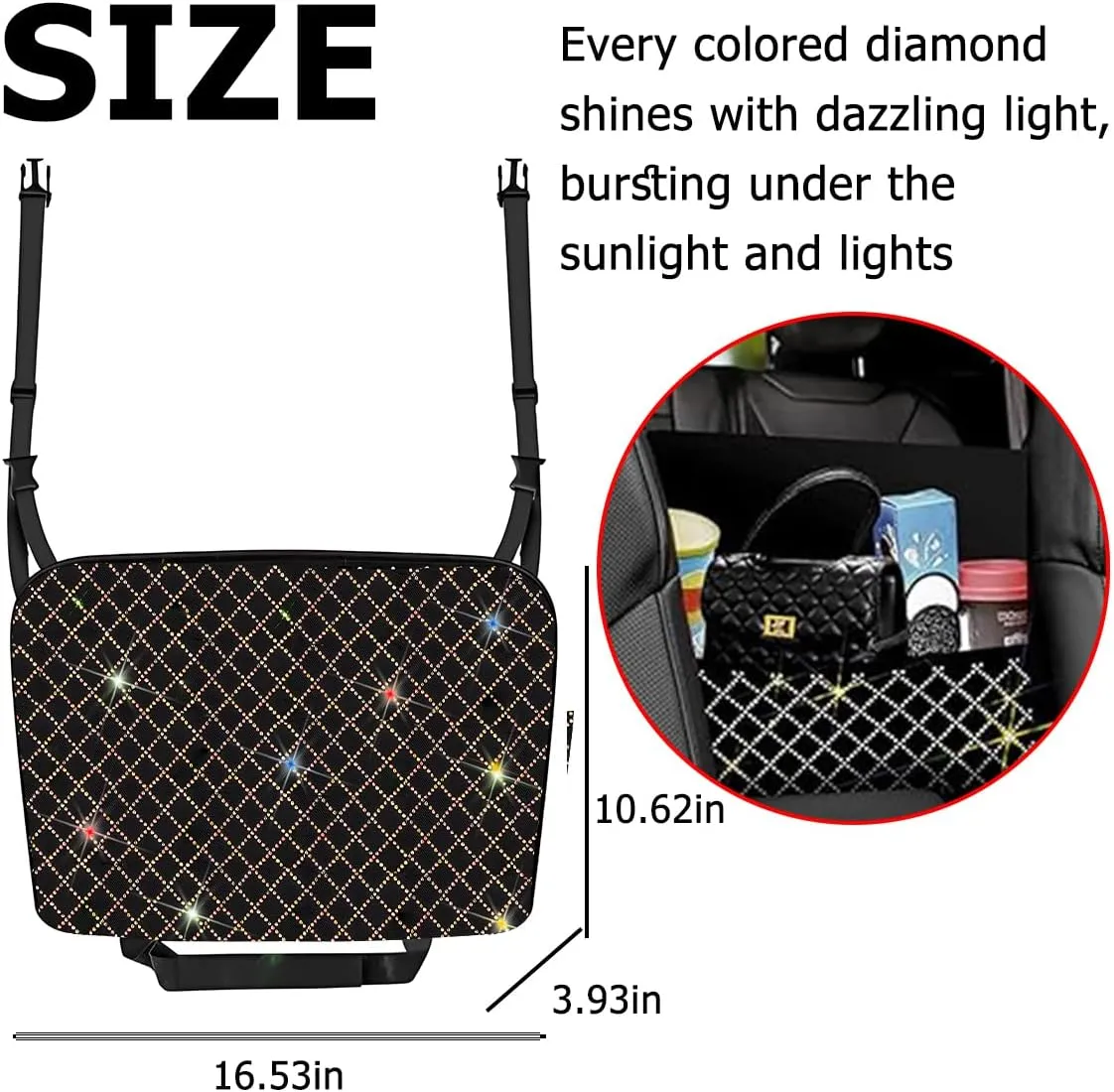 zipelo Bling Car Net Pocket Handbag Holder, Rhinestone Vehicle Backseat Purse Organizer Between Seats, Diamond Hanging Storage Bag Barrier of Pet Kids, Universal Automotive Accessories (Multicolor)