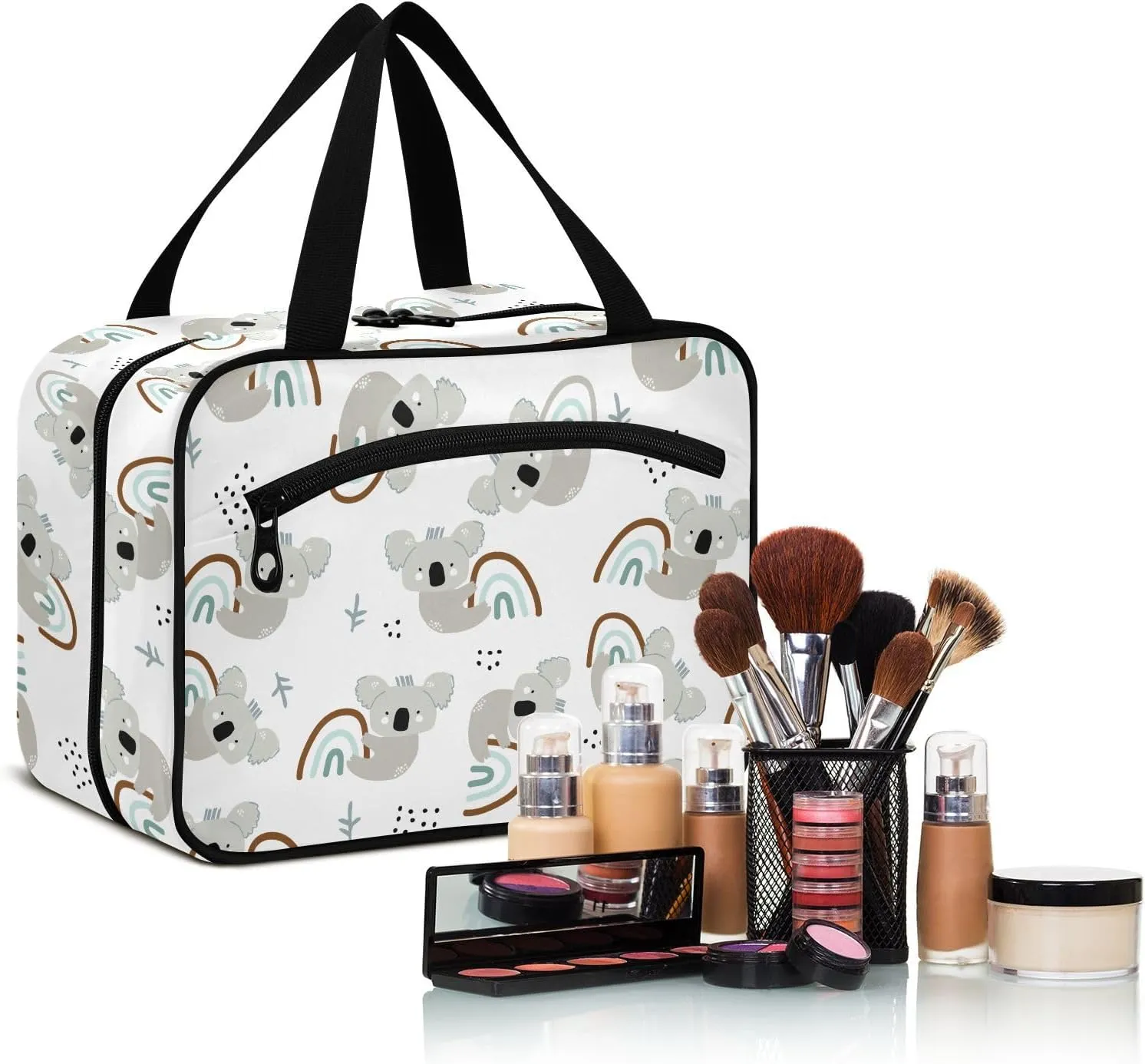 ZZKKO Toiletry Bags for Traveling Women Cute Koala Hanging on Rainbow Toiletry Bag with Hanging Hook Makeup Bag Travel Cosmetic Bag Travel Organizer for Accessories Toiletries Medium