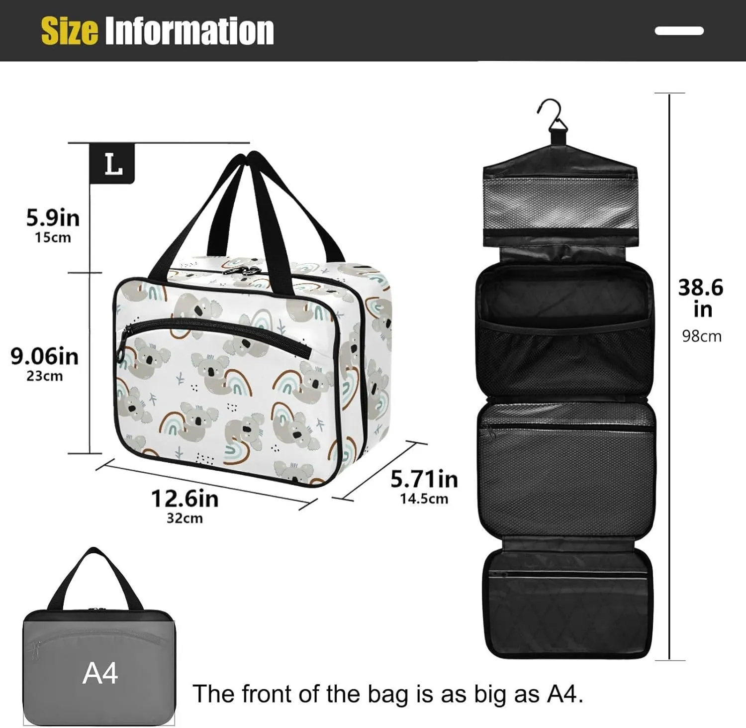 ZZKKO Toiletry Bags for Traveling Women Cute Koala Hanging on Rainbow Toiletry Bag with Hanging Hook Makeup Bag Travel Cosmetic Bag Travel Organizer for Accessories Toiletries Medium