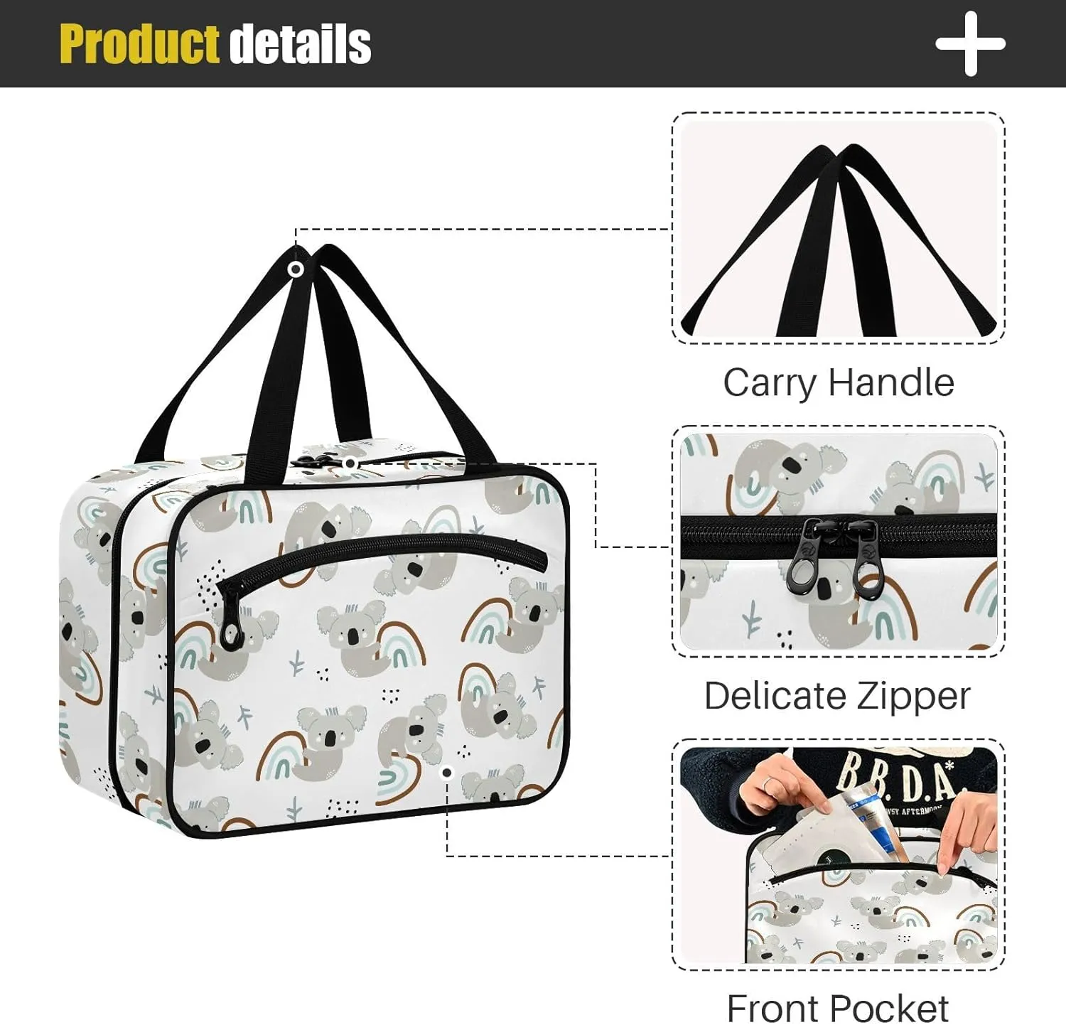 ZZKKO Toiletry Bags for Traveling Women Cute Koala Hanging on Rainbow Toiletry Bag with Hanging Hook Makeup Bag Travel Cosmetic Bag Travel Organizer for Accessories Toiletries Medium