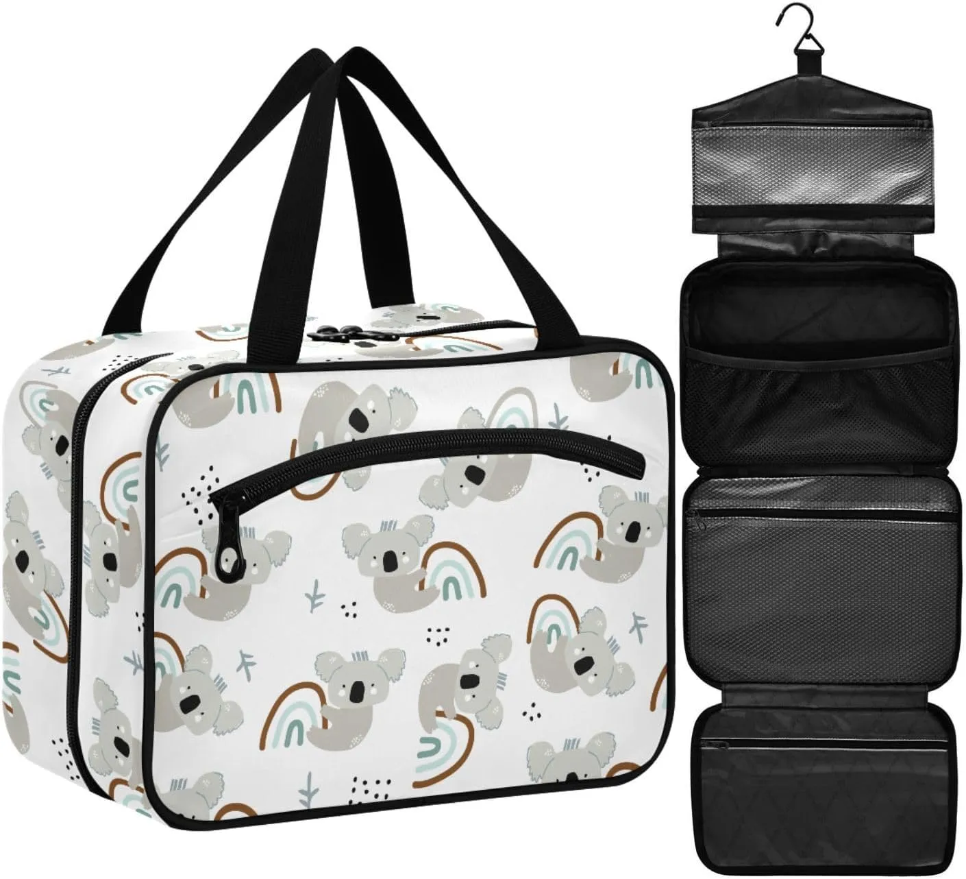 ZZKKO Toiletry Bags for Traveling Women Cute Koala Hanging on Rainbow Toiletry Bag with Hanging Hook Makeup Bag Travel Cosmetic Bag Travel Organizer for Accessories Toiletries Medium