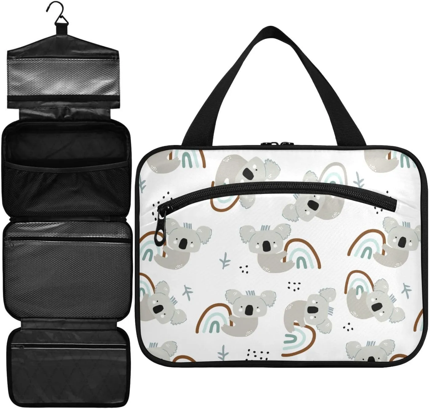 ZZKKO Toiletry Bags for Traveling Women Cute Koala Hanging on Rainbow Toiletry Bag with Hanging Hook Makeup Bag Travel Cosmetic Bag Travel Organizer for Accessories Toiletries Medium